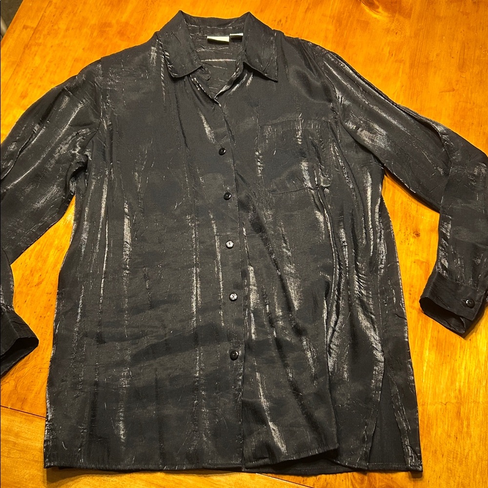 Modern Essentials Black Iridescent Metallic Button Front Shirt 90s Vintage Sz L - Picture 3 of 9